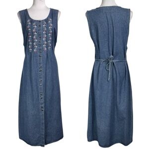 Vintage Embroidered Denim Midi Jumper Dress Size L Button Front Boho Cottage 90s